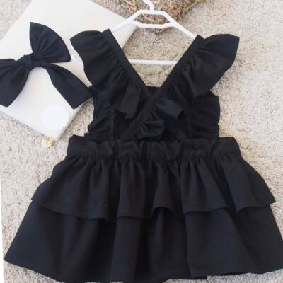 Askıları Fırfırlı Kat Kat Siyah Kız Çocuk Elbise Bandana Takım