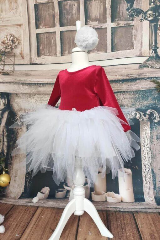 Kız Çocuk Kırmızı Kadife Beyaz Tüllü Noel Elbise, Uzun Kollu Kırmızı Doğum Günü Elbisesi, Bandana