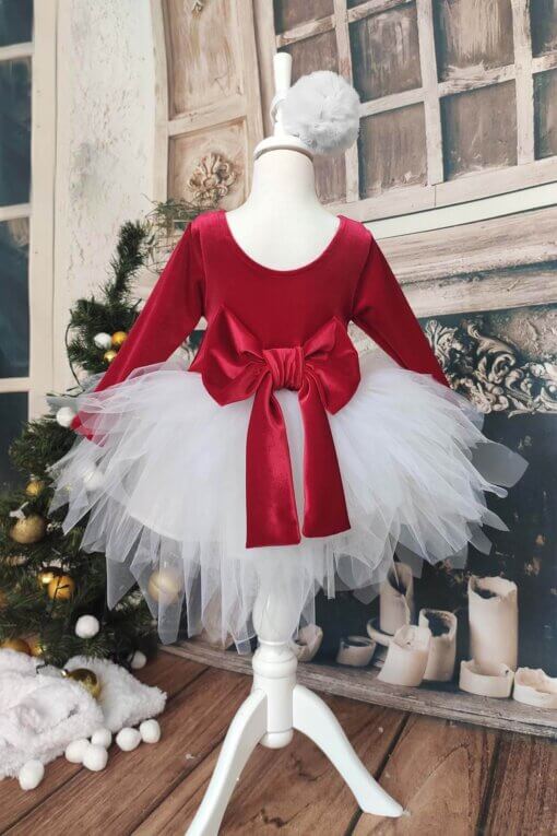 Kız Çocuk Kırmızı Kadife Beyaz Tüllü Noel Elbise, Uzun Kollu Kırmızı Doğum Günü Elbisesi, Bandana