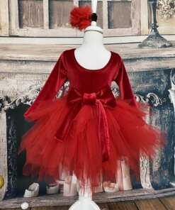 Kız Çocuk Kırmızı Kadife Tüllü Noel Elbise, Uzun Kollu Kırmızı Doğum Günü Elbisesi, Bandana
