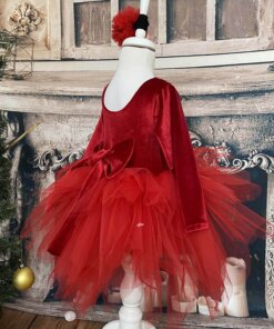 Kız Çocuk Kırmızı Kadife Tüllü Noel Elbise, Uzun Kollu Kırmızı Doğum Günü Elbisesi, Bandana