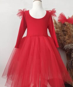 Kız Çocuk Asimetrik Kırmızı Tütü Elbise, Parti Elbisesi, Doğum Günü Elbisesi, Bandana