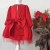 Kız Çocuk Kırmızı Fiyonklu Tütü Elbise, Parti Elbisesi, Doğum Günü Elbisesi, Bandana