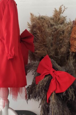 Kız Çocuk Kırmızı Fiyonklu Tütü Elbise, Parti Elbisesi, Doğum Günü Elbisesi, Bandana