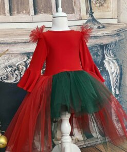 Kız Çocuk Asimetrik Kırmızı Yeşil Tütü Elbise, Parti Elbisesi, Doğum Günü Elbisesi, Bandana