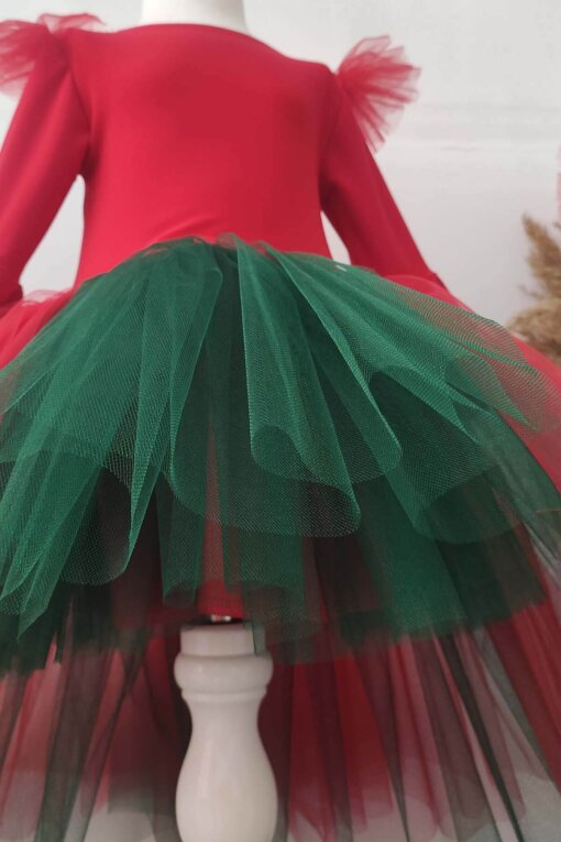 Kız Çocuk Asimetrik Kırmızı Yeşil Tütü Elbise, Parti Elbisesi, Doğum Günü Elbisesi, Bandana