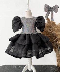 Kız Çocuk Siyah Organze Abiye Elbise, Parti Elbisesi, Doğum Günü Abiye Elbise