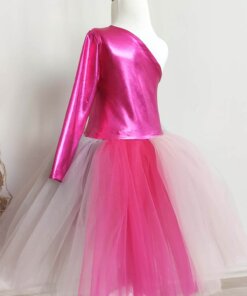Kız Çocuk Fuşya Tüllü Abiye Elbise 3'lü Set, Parti Elbisesi, Doğum Günü Abiye Elbise, Çocuk Elbise, Maske ve Eldiven