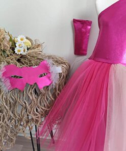 Kız Çocuk Fuşya Tüllü Abiye Elbise 3'lü Set, Parti Elbisesi, Doğum Günü Abiye Elbise, Çocuk Elbise, Maske ve Eldiven
