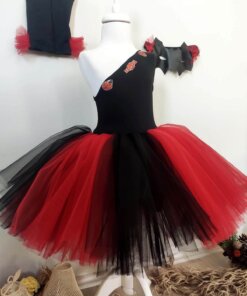 Kız Çocuk Kırmızı Siyah Tütü Elbise 3'lü Set, Parti Elbisesi, Doğum Günü Abiye Elbise, Çocuk Elbise, Maske ve Eldiven