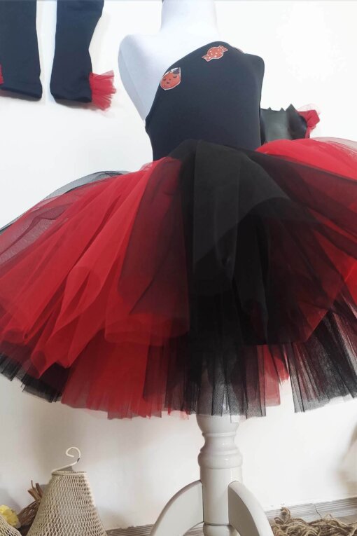 Kız Çocuk Kırmızı Siyah Tütü Elbise 3'lü Set, Parti Elbisesi, Doğum Günü Abiye Elbise, Çocuk Elbise, Maske ve Eldiven