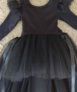 Kız Çocuk Siyah Deri Detaylı Abiye Elbise, Parti Elbisesi, Doğum Günü Abiye Elbise