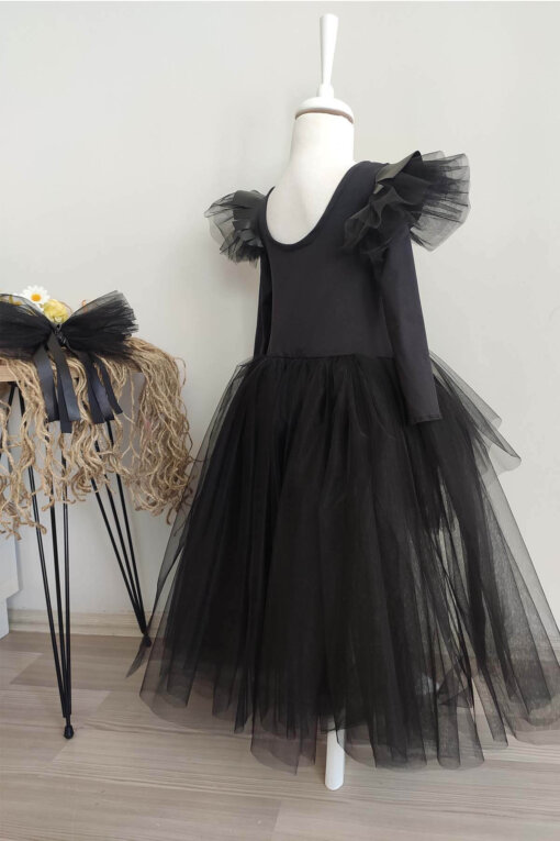 Kız Çocuk Siyah Deri Detaylı Abiye Elbise, Parti Elbisesi, Doğum Günü Abiye Elbise