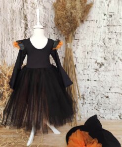 Cadılar Bayramı Siyah Deri Detaylı Cadı Elbisesi ve Cadı Şapkası, Kız Çocuk Halloween Elbisesi