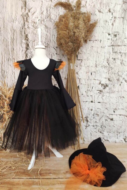 Cadılar Bayramı Siyah Deri Detaylı Cadı Elbisesi ve Cadı Şapkası, Kız Çocuk Halloween Elbisesi