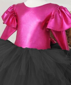 Fuşya Siyah Fiyonklu Kız Çocuk Tütü Elbise, Uzun Kollu Fuşya Siyah Doğum Günü Elbisesi, Bandana