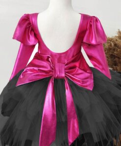 Fuşya Siyah Fiyonklu Kız Çocuk Tütü Elbise, Uzun Kollu Fuşya Siyah Doğum Günü Elbisesi, Bandana