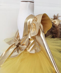 Sarı Fiyonklu Kız Çocuk Tütü Elbise, Uzun Kollu Sarı Doğum Günü Elbisesi, Bandana