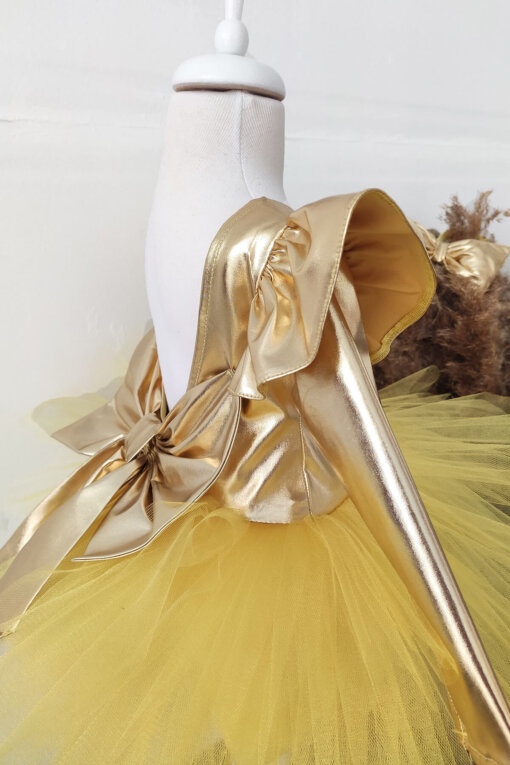 Sarı Fiyonklu Kız Çocuk Tütü Elbise, Uzun Kollu Sarı Doğum Günü Elbisesi, Bandana
