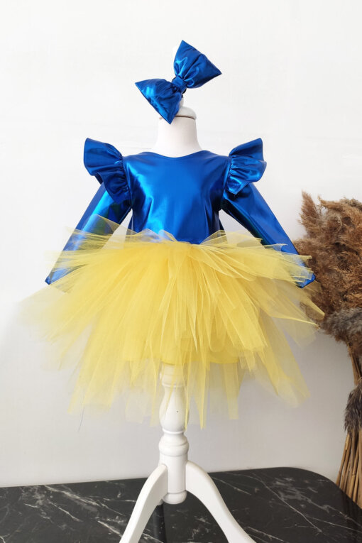 Sax Sarı Fiyonklu Kız Çocuk Tütü Elbise, Uzun Kollu Sax Sarı Doğum Günü Elbisesi, Bandana