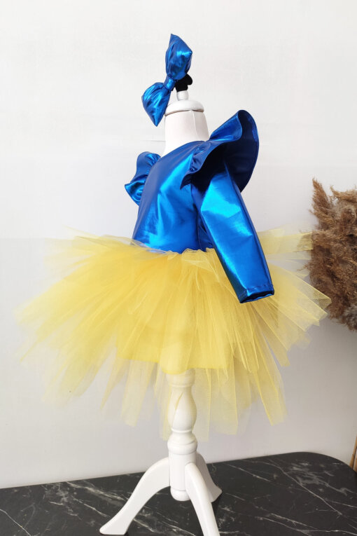 Sax Sarı Fiyonklu Kız Çocuk Tütü Elbise, Uzun Kollu Sax Sarı Doğum Günü Elbisesi, Bandana