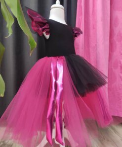 Fuşya Siyah Asimetrik Kız Çocuk Tütü Elbise, Doğum Günü Elbisesi, Top Bandana