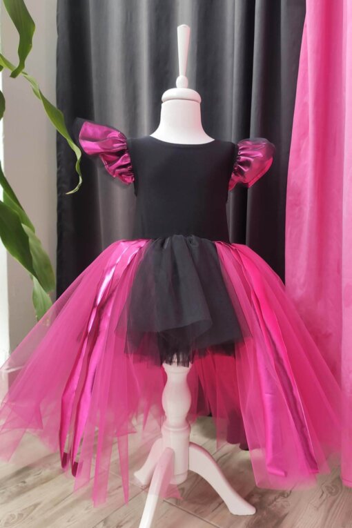 Fuşya Siyah Asimetrik Kız Çocuk Tütü Elbise, Doğum Günü Elbisesi, Top Bandana