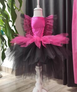 Fuşya Siyah Kat Kat Kız Çocuk Tütü Elbise, Doğum Günü Elbisesi, Top Bandana
