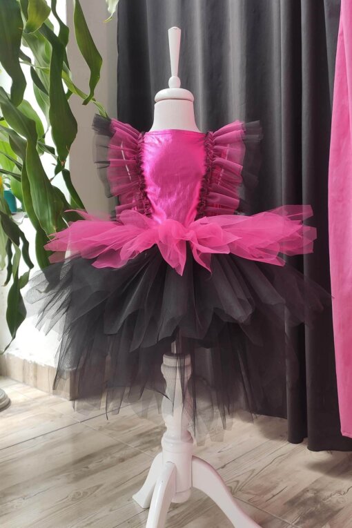 Fuşya Siyah Kat Kat Kız Çocuk Tütü Elbise, Doğum Günü Elbisesi, Top Bandana