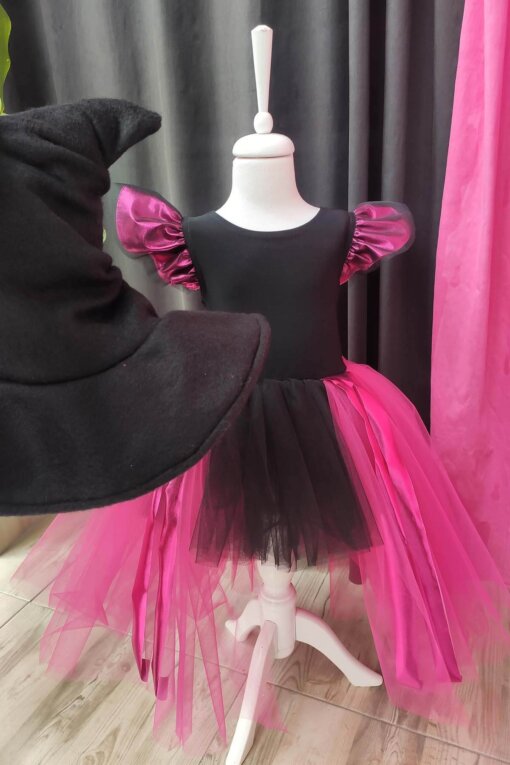 Fuşya Siyah Asimetrik Kız Çocuk Tütü Cadı Elbise ve Şapkası, Doğum Günü Elbisesi