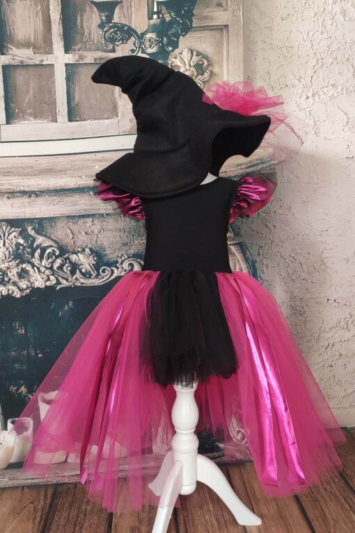 Fuşya Siyah Asimetrik Kız Çocuk Tütü Cadı Elbise ve Şapkası, Doğum Günü Elbisesi