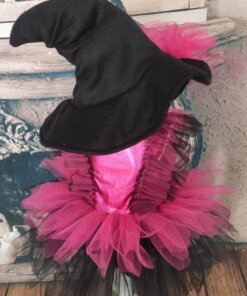 Fuşya Siyah Kat Kat Kız Çocuk Tütü Cadı Elbise ve Şapkası, Doğum Günü Elbisesi