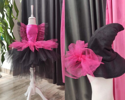 Fuşya Siyah Kat Kat Kız Çocuk Tütü Cadı Elbise ve Şapkası, Doğum Günü Elbisesi