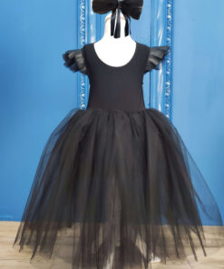 Fiyonklu Siyah Tütü Kız Çocuk Doğum Günü Elbisesi ve Bandana Takım, Çocuk Abiye Elbise, Çocuk tütü elbise, kız çocuk düğün elbisesi, kız çocuk gotik elbise, halloween çocuk elbisesi