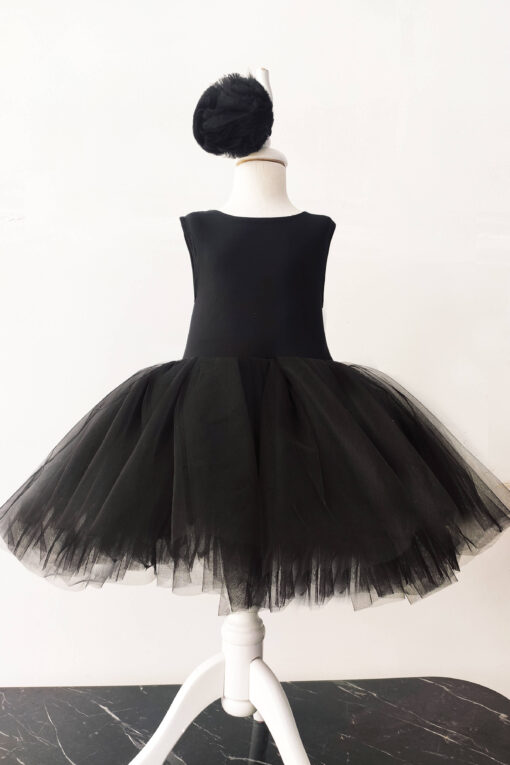 Siyah Balerin Model Elbise, Bandana Takımı - Çocuk Abiye Elbise, doğum günü elbisesi, kız çocuk tütü elbise, siyah tütü elbise, kız çocuk siyah tüllü elbise, kız çocuk parti elbisesi